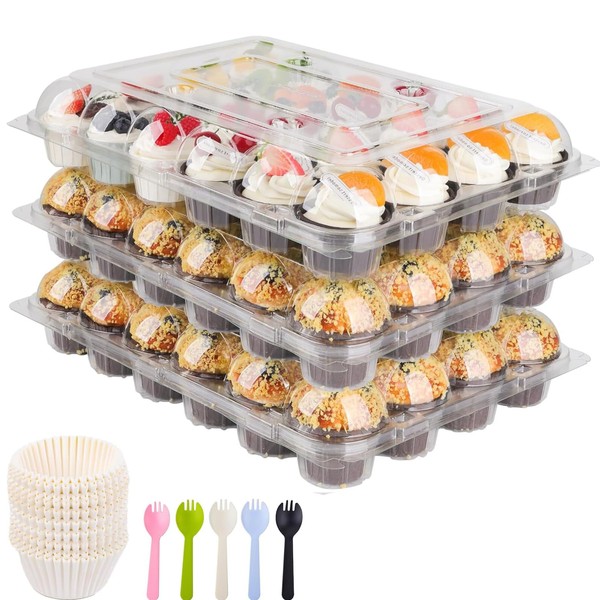 AUKUS (24 packs X 10 sets Cupcake Containers, Cupcake Carrier Holders,Deep Dome, Transparent Disposable with 240 Pack Cupcake liners and 15 forks