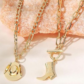 Women's Cowgirl Hat Boots Pendant Necklace Chunky Chain Jewelry (One size, Golden)
