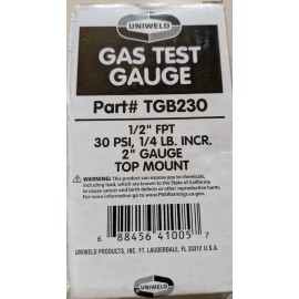 UNIWELD GAS TEST GAUGE TGB230 1/2" FPT 30 PSI, 1/4 LB INCR 2" GAUGE TOP MOUNT