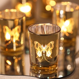 Gold Votive Candle Holders Set, 12 PCS Tea Lights Candle Holder Decorative Bulk with Butterfly Pattern, Candle Holders for Wedding Table, Birthday, Home Decor, Party Supply