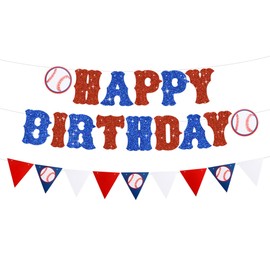RICHHHA 2 Pieces Blue Red Pre-strung Baseball Banner,No DIY Glitter Happy Birthday Backdrop Bunting Sign, Triangle Bunting Pennant Flag Sports Themed Decorations for Boys Birthday Party Supplies
