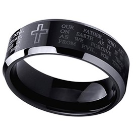 DoubleAccent 8mm Titanium Black Wedding Bands Promise Rings Lord's Prayer with Cross Praying Comfort Fit Ring