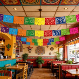 Favuit Mexican Party Decoration, 2 Pack Cinco De Mayo Party Banner 32.8 FT Plastic Papel Picado Fiesta Garland for Dia de los Muertos, Day of the Dead, Mexican Birthday & Halloween Party Supplies (2pcs)