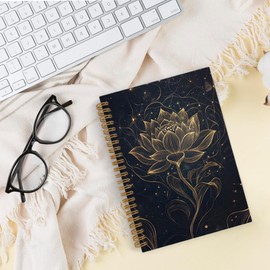 QLMX Gold Lotus Floral Spiral Notebook, Lotus Flower Journal Notebook, Yoga Spiritual Notebooks for School Work, Inspirational Meditation Office Supplies Gifts for Women, 5.5x8.3 Inch
