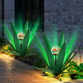 TOMBABY Solar Rustic Garden Style Metal Agave Plants Outdoor Patio, Home Decor Hand-Painted Metal Agave Garden Patio Statues, Suitable for Desert Areas, Outdoor Lawn Decorations (2 Solar Green)
