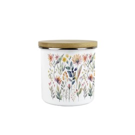 Pastel Flowers Collagen Storage Canister - Pretty Watercolour Floral Homewares Gifts - White Metal Enamel Medium Sized Kitchen Food/Drinks Storage Container