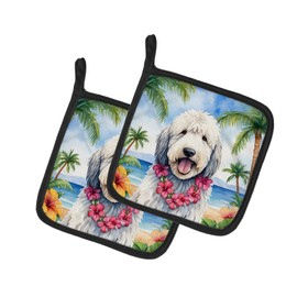 Caroline's Treasures Komondor Luau Pair of Pot Holders Kitchen Heat Resistant Pot Holders Sets Oven Hot Pads for Cooking Baking BBQ, 7 1/2 x 7 1/2