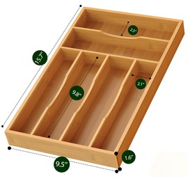 Bamboo Silverware Organizer, Bamboo Kitchen Drawer Cutlery Organizer, Utensil Holder, Flatware Organizer Tray (15.8"x9.5"x1.6")