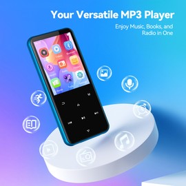 AGPTEK 64GB MP3 Player with Bluetooth, M3 2.4 inch Music Player with Speaker and FM Radio, Touch Buttons, Supports Up to 128GB, Blue