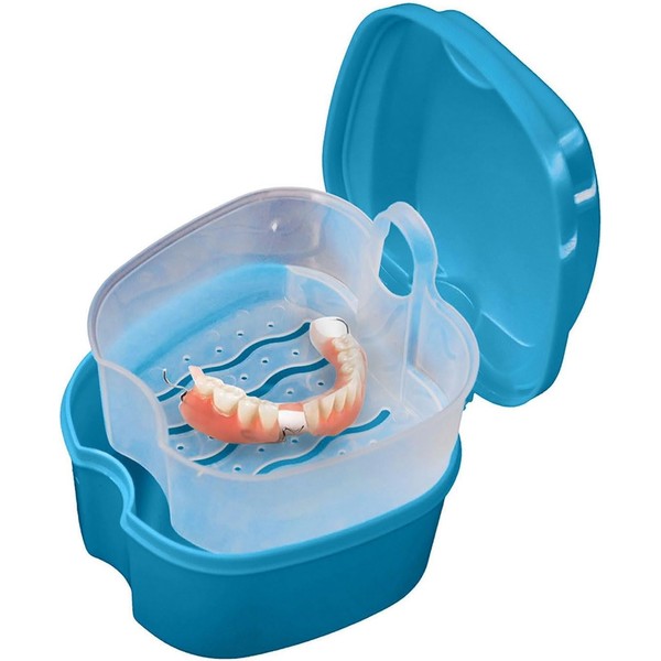 Blue Denture Case,Denture Bath Cup Case Box Holder Storage Soak