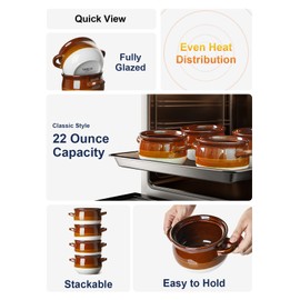 LE TAUCI French Onion Soup Bowls with Handles, 22 Ounce Ceramic French Onion Soup Crocks Oven Safe Serving Bowls for Soup, Chili, Beef Stew, Cereal, Pot Pies, Set of 4