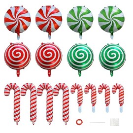 Christmas Candy Cane Balloons, Set of 16 pcs Red Green Xmas Foil Balloons, Big Santa Canes Sweet Candy Swirl Balloons for Christmas Party Decorations