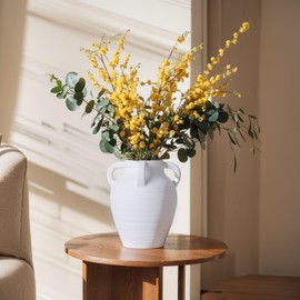 Handmade White Vase - 10" Tall Terracotta Vases with 4 Ear Design, Wide Mouth Vintage Vases, Rustic Antique Decor Matte Finish White Ceramic Vase for Home Decor, Living Room, Table, Fireplace Decor