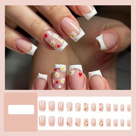 24 Pcs White French Press on Nails Short Square Spring Summer Fake Nails Floral False Nails Press Ons With Heart Wildflowers Design Glossy Nail Tips Full Cover Acrylic Nail Kit for Women Manicure