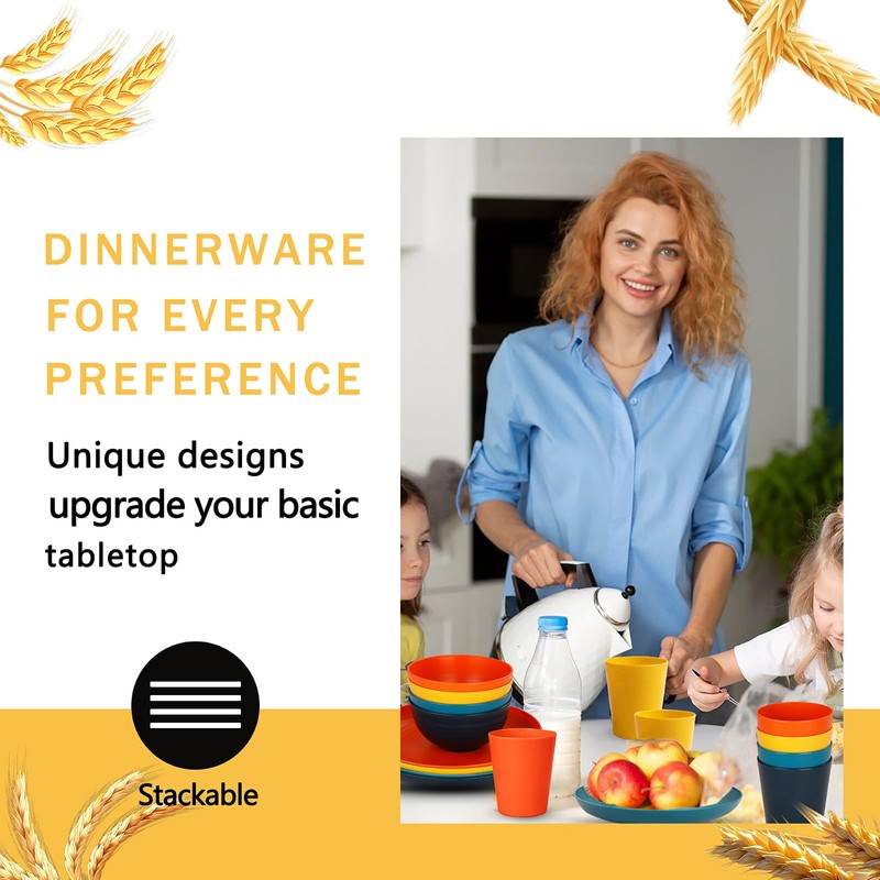 Rubtlamp Wheat Straw Dinnerware Set, 16Pcs Unbreakable Plates And Bowls
