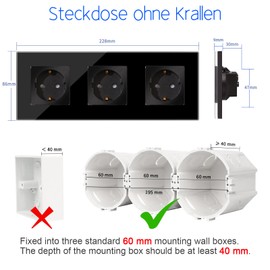 CNBINGO Glass Schuko Socket, Flush-Mounted, Protective Design Contact Wall Socket, 3-Way, with Glass Frame, in Black