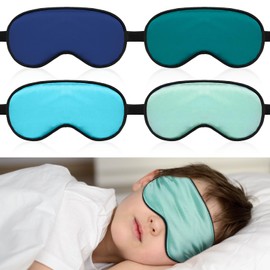 Sintege 4 Pcs Eye Mask for Sleeping Kids Smooth Silk Soft Eye Cover with Adjustable Strap Blindfold for Sleeping Block Out Light Childhood Kids Gift Boys Girls (Green, Navy Blue, Sky Blue, Dark Green)