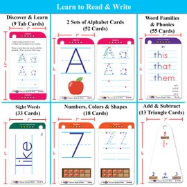 Think2Master Premium 186 Laminated Alphabet, Sight Words & Phonics Flash Cards for Pre K & Kindergarten. (Bonus: 2 Dry Erase Markers, 5 Rings). Learn to Read, Write, Count, Add & Subtract Numbers.