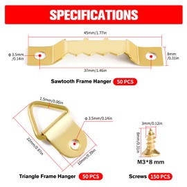 YIXISI 100 PCS Picture Hanging Kit, Picture Frame Hangers, Sawtooth Photo Frames Hooks, Triangle Ring Hanger, Picture Hangers with 150 Screws, for Picture Photo Frame Hanging Home Decoration, Gold