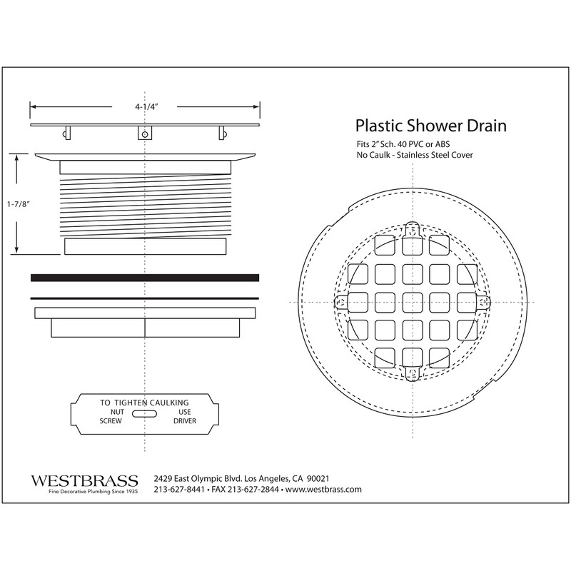 Westbrass A206P-62 2" No-Caulk PVC Compression Shower Drain with 4-1/4"