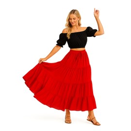 BoheeWohee Women's 25 Yard Cotton Gypsy Belly Dance 4-Tiered A-Line Pleated Maxi Long Boho Dance Tribal Skirt C1518 (Red) (Medium)