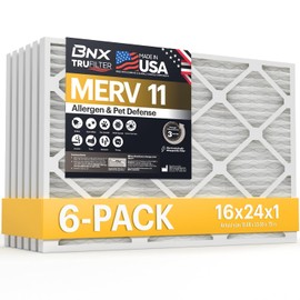 BNX TruFilter 16x24x1 Air Filter MERV 11 (6-Pack) - MADE IN USA - Allergen Defense Electrostatic Pleated Air Conditioner HVAC AC Furnace Filters for Allergies, Dust, Pet, Smoke, Allergy MPR 1200 FPR 7