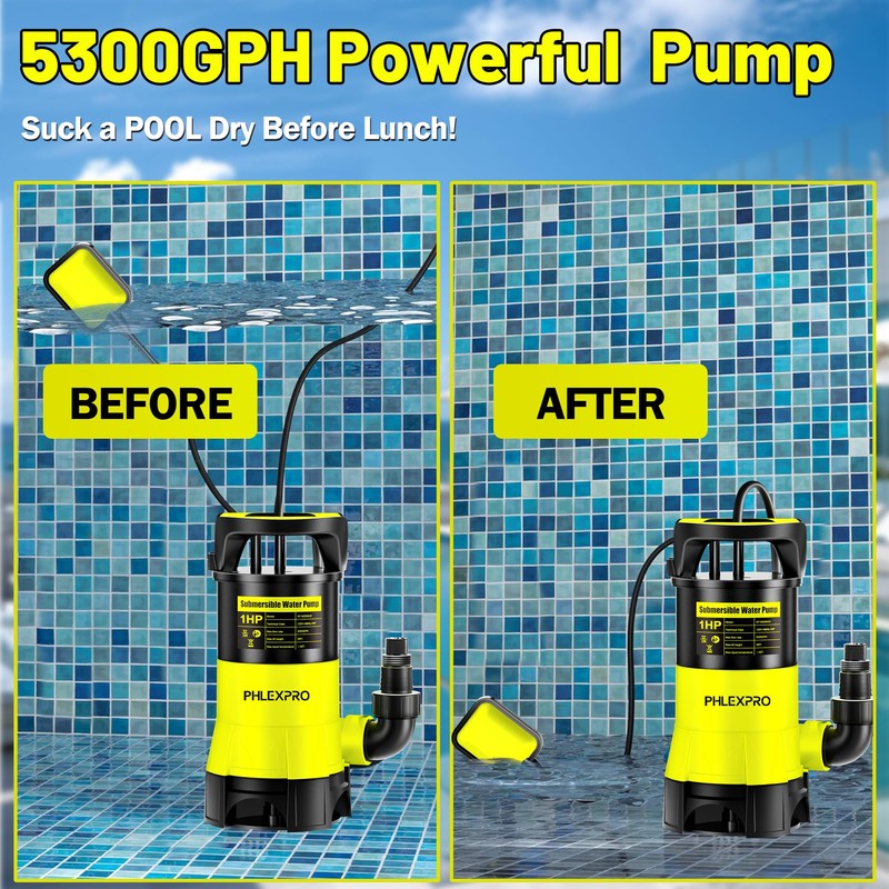 Submersible Water Pump 1HP 5300GPH High Flow Clean/Dirty Water Transfer