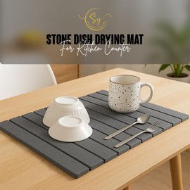 Silksway Gallery Large Stone Dish Drying Mat for Kitchen Counter, Instant Drying Pad, Super Absorbent Foldable Dish Drying Mat, 24"×16", Dark Gray