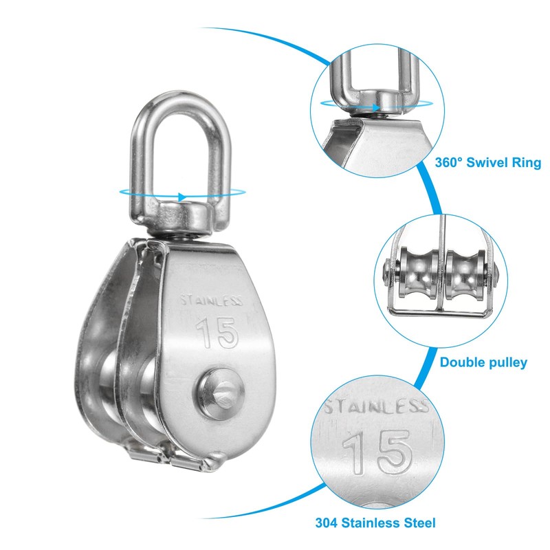 PATIKIL M15 Double Pulley Block, 2 Pack 304 Stainless Steel