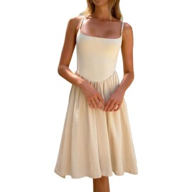 CHYRII Womens Fashion Summer 2025 Spaghetti Straps Sleeveless Casual A-Line Midi Dresses Sundress Beige M
