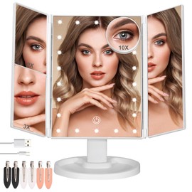 Espejo de Maquillaje Iluminado,Espejo para Maquillaje Triptico con 6 Pinzas Cabello,Espejo Luz LED Maquillaje 2X 3X Aumento,Espejo Cosmético de Mesa  
