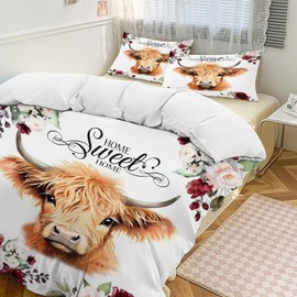Highland Cow Comforter Set Full Size, Cow Print Comforter Cover for Kids Girls Teens Decor Cow Gifts for Women, Highland Cattle Bedding Set Duvet Quilt Cover Set with 2 Pillowcases