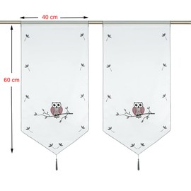 HeichkelL Voile Net Curtains, Owl Pattern, Transparent Embroidered Bistro Curtain with Tassel, Window Curtains, Drawstring, Panneaux, Short Curtains, Grey, W x H 40 x 60 cm, Pack of 2