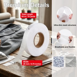 Nastro Termoadesivo per Orlo 64 m x 20 mm Bianco con Metro da Cucito, Nastro Biadesivo per Tessuti senza Cuciture, Lavabile, per Pantaloni, Tende, Gonne, Vestiti, Jeans e Riparazioni Fai-da-te