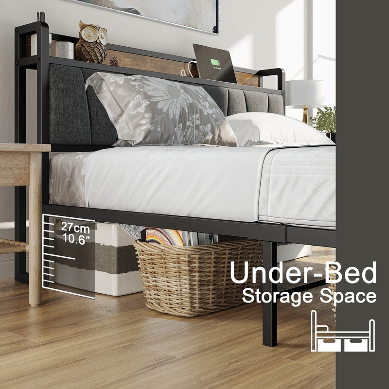 LIKIMIO Twin Bed Frames, Storage Headboard with Charging Station, Solid