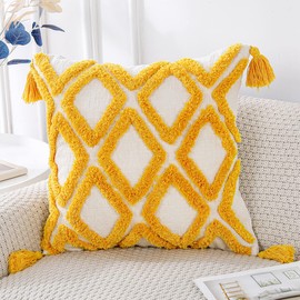PANOD Super Soft Farmhouse Decorative Plush Throw Pillow Covers 24 x 24 Yellow,Solid Diamond Pattern Tufted with Tassels Modern Accent Boho Square Cushion Cover Pillow Case for Couch Sofa