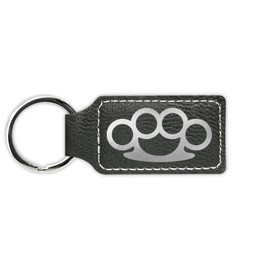 Brass Knuckles Keychain Leatherette Rectangle - Laser Engraved - Many Colors - Key Chain Ring - dirty street fight strength resilience - Black/Silver