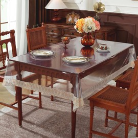 Clear Vinyl Tablecloth Protector,lace tablecloths Rectangular with Waterproof and Oil-Proof Design,Wipeable Table Cloth for Indoor/Outdoor use.(Gold Lace Trim, 60″ x 102″)