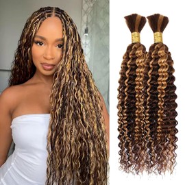 Human Braiding Hair for Boho Braids Human Hair Extensions 14 Inch 100g No Weft Curly Deep Wave Bulk human hair for Knotless Braids (Deep Wave P4/27#, 14Inch 100g(50gx2Bundles))