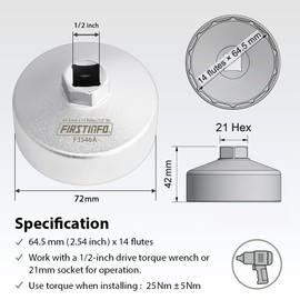 FIRSTINFO F3546A | 1/2 Inch | 64.5 mm | Oil Filter Wrench | 14 Flute | Compatible with Toyota and Honda