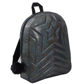 Ultimate Kids Girls School College Quilted Black Glitter Shimmer Backpack Bag + Pom Pom zip