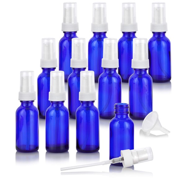 JUVITUS 1 oz / 30 ml Cobalt Blue Glass Boston Round Bottle with White Treatment Pump (12 pack) + Funnel