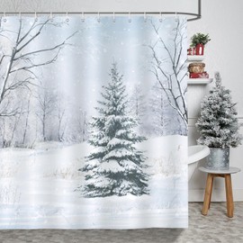 Bonhause Shower Curtain Winter Forest Pine Tree Snow Landscape Christmas Shower Curtains 180 x 180 cm Anti-Mould Waterproof Polyester Fabric Washable Bathroom Curtain for Bathroom with 12 Hooks