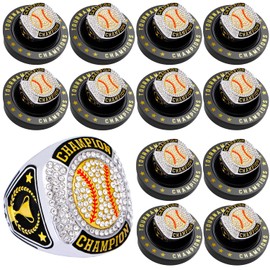 12 Pcs Baseball Championship Ring Softball Ring Sport Ball Trophy Award Gift with Display Neck Chain and Stand for Tournament or League Champion Winner (12 pcs Gold Rings, Size 7)