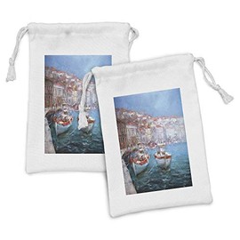 Ambesonne Sailboat Fabric Pouch Set of 2, Calming Scene of Fishing Boats Floating on the Seashore Pastel Oil Painting Effect, Small Drawstring Bag for Toiletries Masks and Favors, 9" x 6", Multicolor