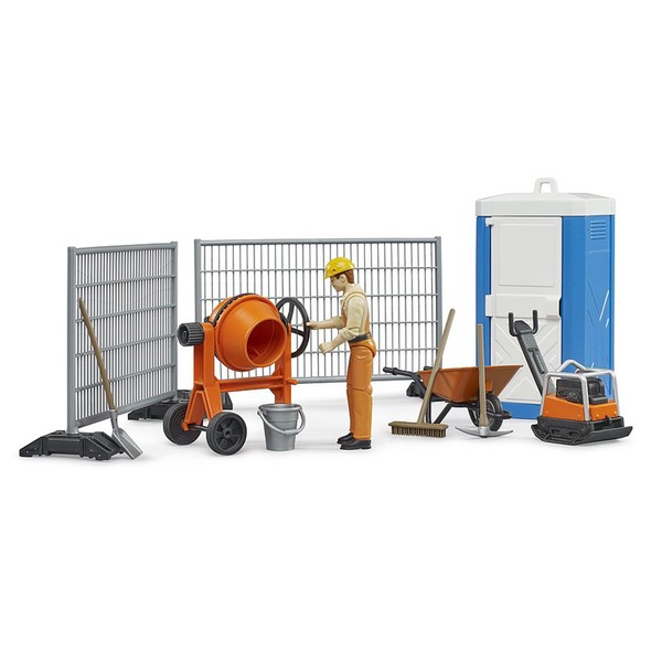 bruder 62008 - Bworld Construction Site Set with Construction Worker, Vibrating Plate, Mixing Machine, Toilet, Construction Site Fence - Accessories Construction Site, Road Construction, Construction