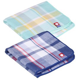 Imabari Towel Certified Handkerchief, Hand Towel, Towel Handkerchief, Made in Japan, 100% Cotton, 9.8 x 9.8 inches (25 x 25 cm), Set of 2 (Plaid Green, Navy)