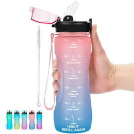 AIDEAMART 24 OZ Motivational Kids Water Bottle With Time Marker,Straw Lid,Leak Proof, Tritan BPA Free Sports Water Bottle Pink-Blue(1 Lid)