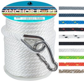 Anchor Rope 50 Ft, Premium Solid Braid MFP Anchor Line with 316 Stainless Steel Thimble, Boat Anchor Rope 3/8 Inch 50 Ft with Heavy Duty Snap Hook - White