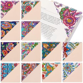 Ireer 12 Pcs 5D Diamond Painting Corner Bookmark Rhinestone PU Leather Diamond Painting Bookmark Triangle Diamond Art Bookmarks for Home Office Beginner Adults Birthday Gift(Floral Style)